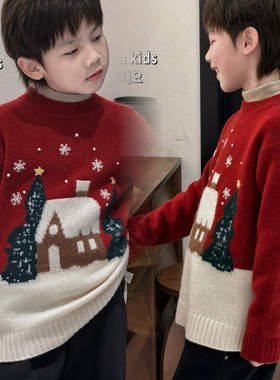 IT代购法国Next韩系儿童男女孩毛衣新款冬装红色圣诞羊毛针织衣衫
