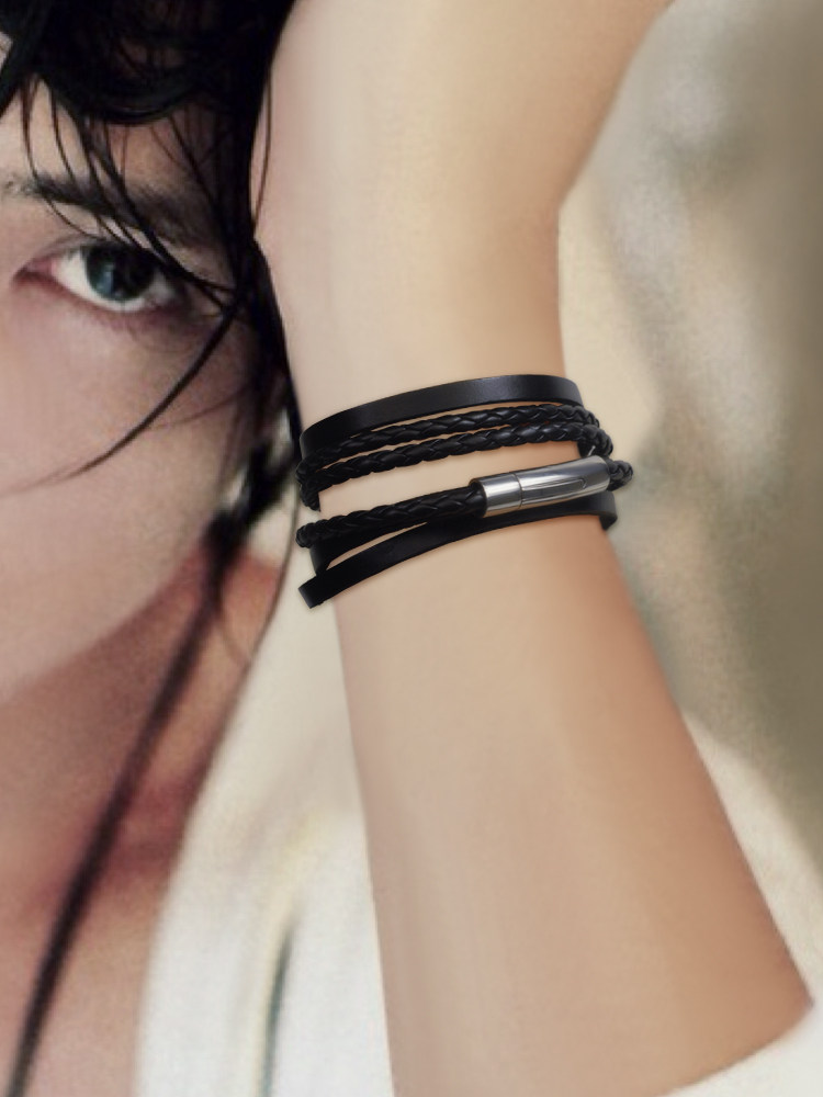YUKI MENS TITANIUM STEEL COWHIDE & PU LEATHER BRACELETS TIDE PEOPLE KOREAN VERSION OF THE HAND JEWELRY LEATHER ROPE MULTI-LAYER HAND ROPE GIRL BRACELET