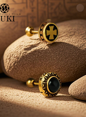 YUKI纯银耳钉男女款小众设计感复古轻奢十字架INS潮人黑石耳骨钉