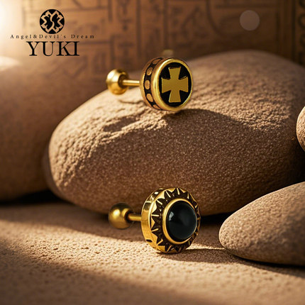 YUKI纯银耳钉男女款小众设计感复古轻奢十字架INS潮人黑石耳骨钉