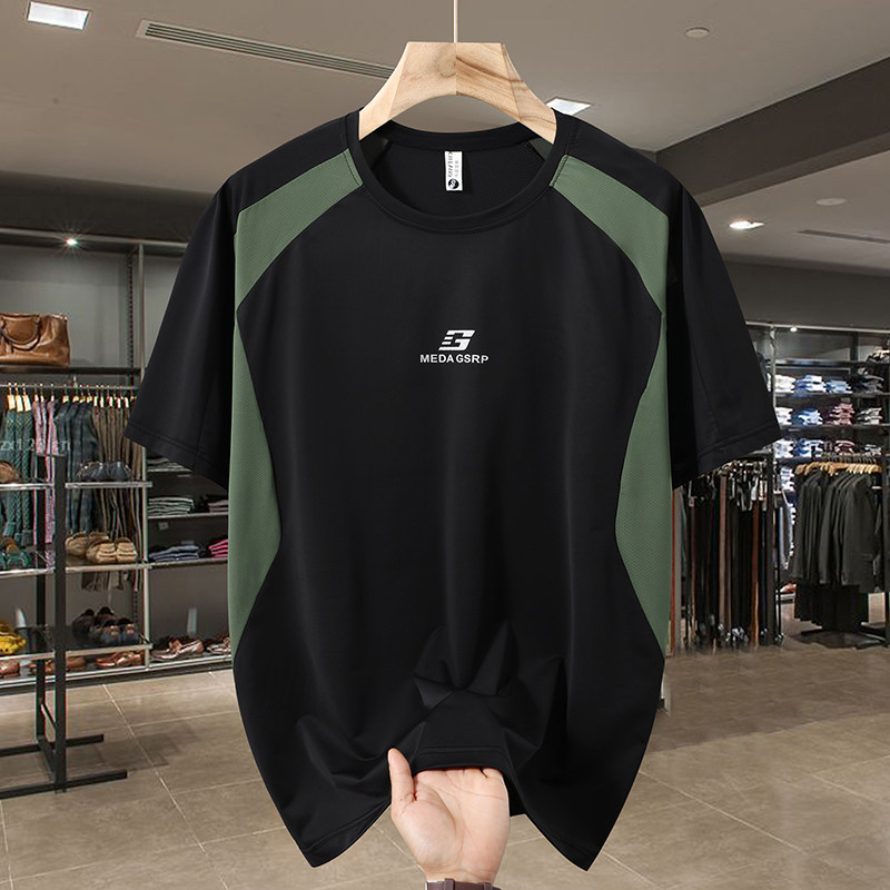 2026新款大码速干短袖t恤男夏季冰丝凉感半袖宽松胖子拼接体恤潮