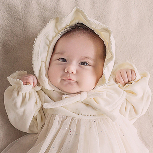 M676韩国进口0 12个月秋冬女宝宝丝绒护耳胎帽婴幼儿童公主帽子