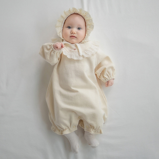 Y757韩国进口春秋女宝宝花边连身哈衣 连体爬服 婴幼儿百天宴童装