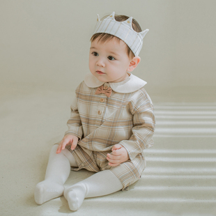 Y855韩国进口春秋男宝宝长袖连身哈衣爬服百天周岁婴幼儿英伦童装