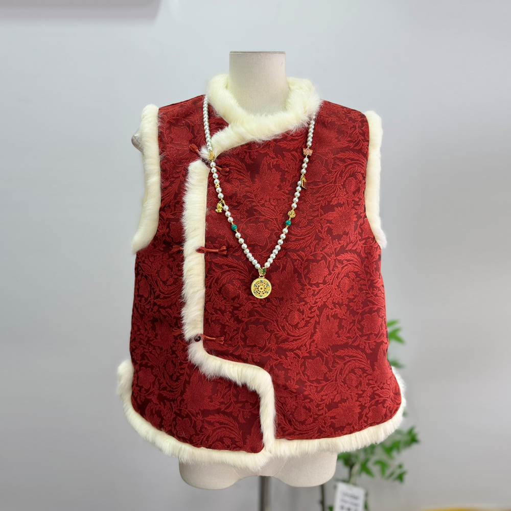 新中式国风提花毛领红色加厚棉马甲2025秋冬季宽松上衣马夹背心女