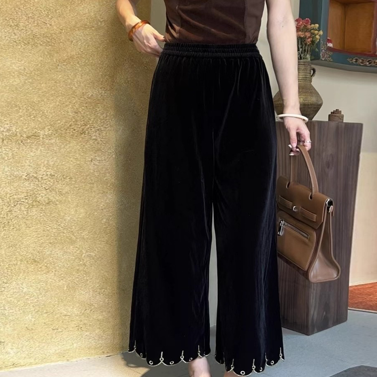 新中式国风直筒丝绒阔腿休闲裤女2装025春秋垂感高腰百搭显瘦长裤