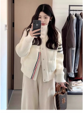 韩系学院风设计感拼接针织棉服男女秋冬独特别致立领轻薄棉衣外套