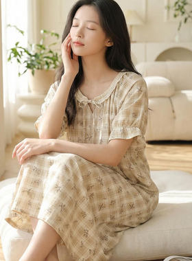 芬腾2026夏季新款纯棉睡裙女士短袖碎花睡衣家居连衣裙大码可外穿