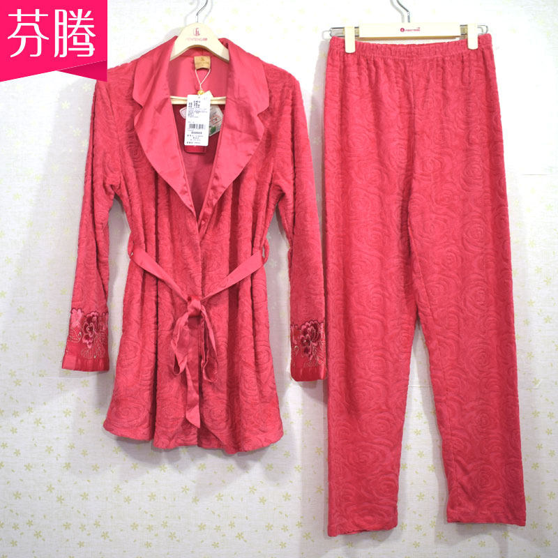 芬腾春秋冬新款毛巾睡衣女士套装休闲和服系带针织棉质长袖家居服