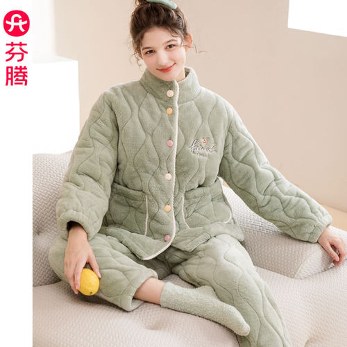 芬腾三层加厚夹棉睡衣女士冬保暖