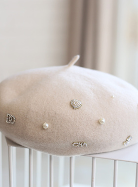 秋冬百搭羊毛帽子贝雷帽女南瓜帽毛呢画家帽日系蓓蕾帽潮镶钻装饰