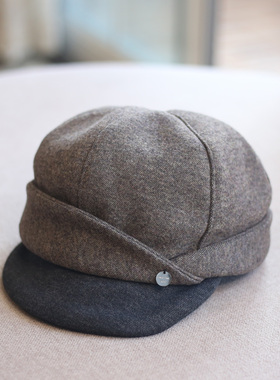 复古小标拼色帽檐鸭舌帽女冬季休闲百搭显脸小报童帽气质八角帽潮