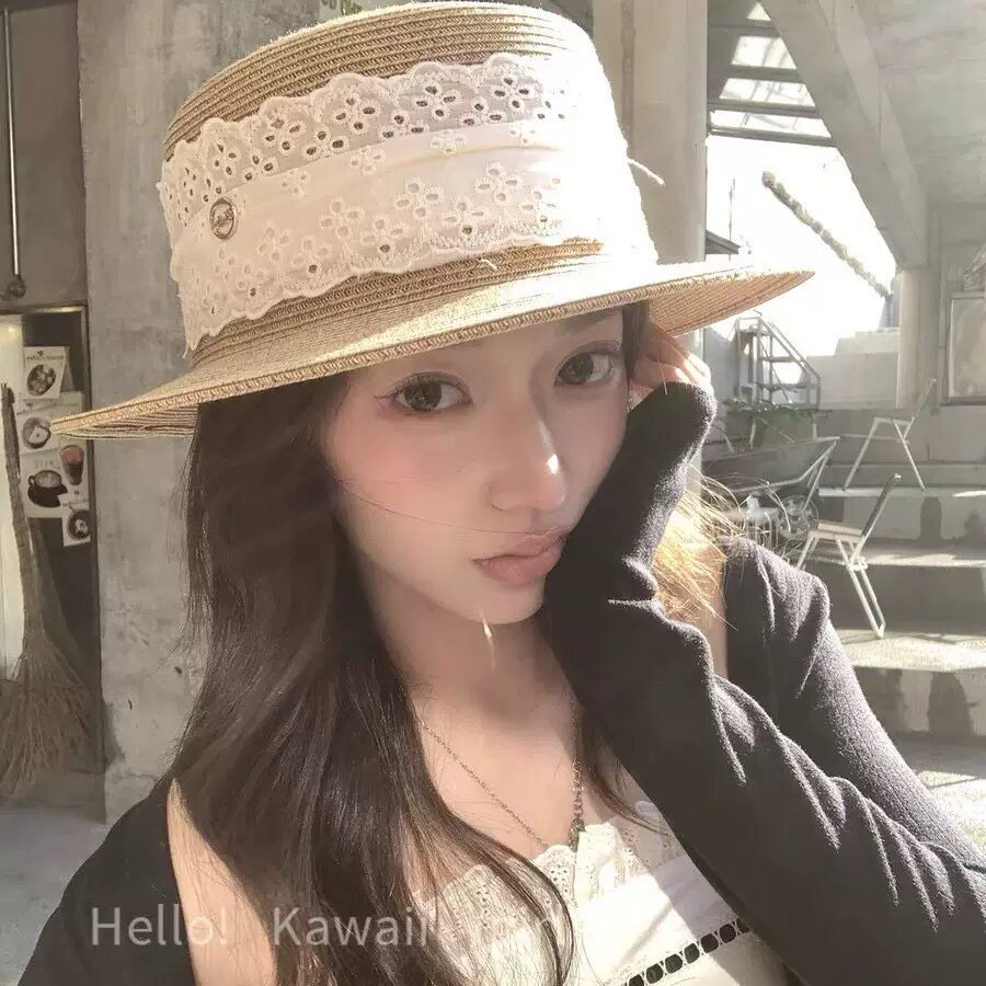 仙女风超宽蕾丝花边缎带平顶帽子女春夏防晒草帽海边度假沙滩帽潮