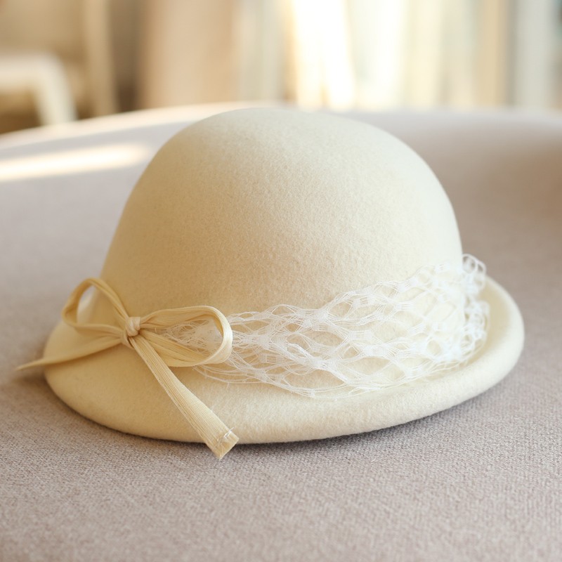 蕾丝礼帽女秋冬法式复古贝雷帽丝麻蝴蝶结羊毛呢毡帽圆顶盆帽保暖