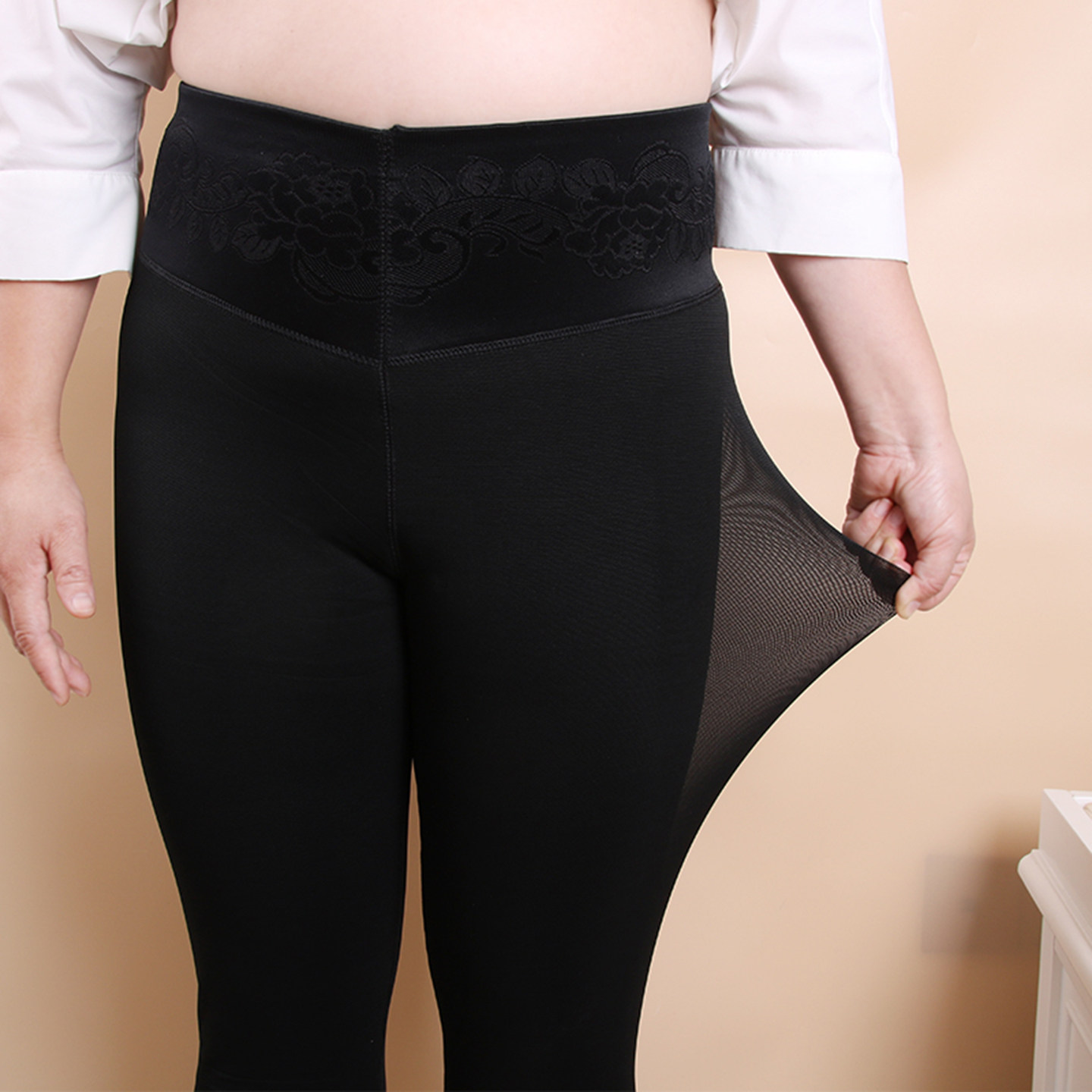 加肥加大码弹力裤女加绒加厚200斤高腰踩脚裤网纱打底裤保暖棉裤