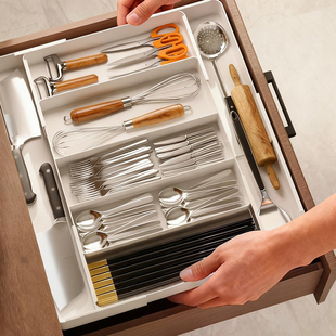厨房抽屉式可伸缩收纳盒橱柜内置餐具筷子勺子化妆品整理分隔神器