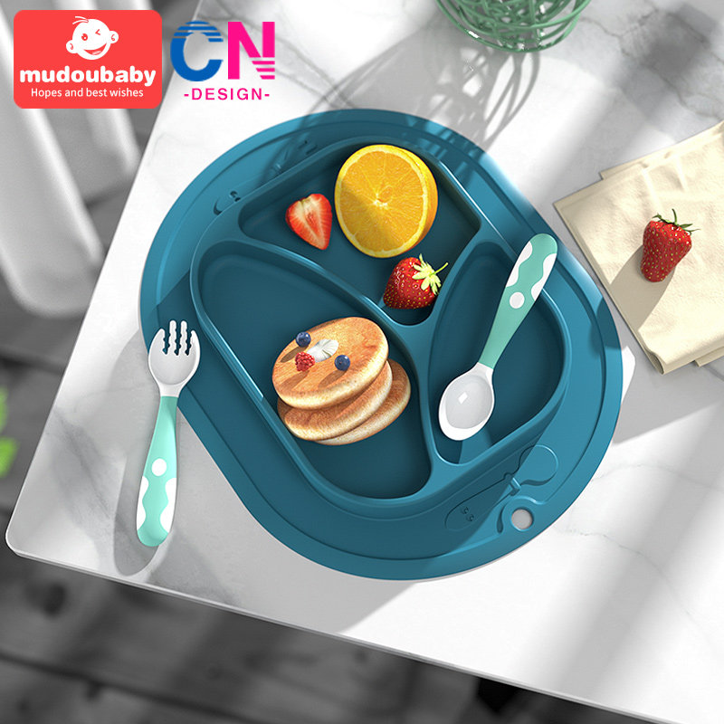 mudoubaby儿童餐盘分格吸盘宝宝餐具卡通可爱婴儿硅胶防摔辅食碗