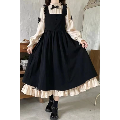学院风小个子秋冬黑色背带两件套少女新款法式洛丽塔连衣裙学生潮
