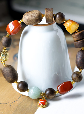 原创黄奇楠沉香木手编手链文玩蜜蜡翡翠新中式手串国风饰品女