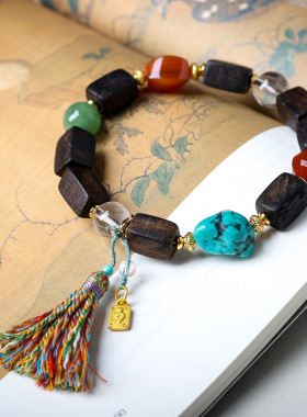 达拉干方块珠搭配天然白水晶文玩手链菱镁矿松石中式手串饰品