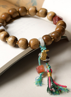 原创设计金丝楠木桶珠手链文玩虎牙天珠老玛瑙中式手串直播货