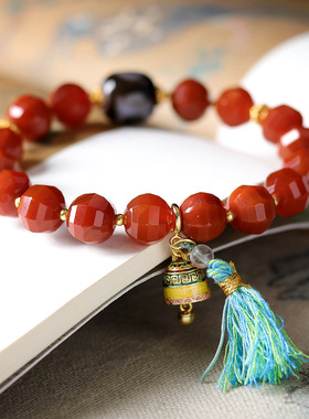 刻面南红玛瑙串制手链藏饰两眼天珠原创设计手串景区国风饰品