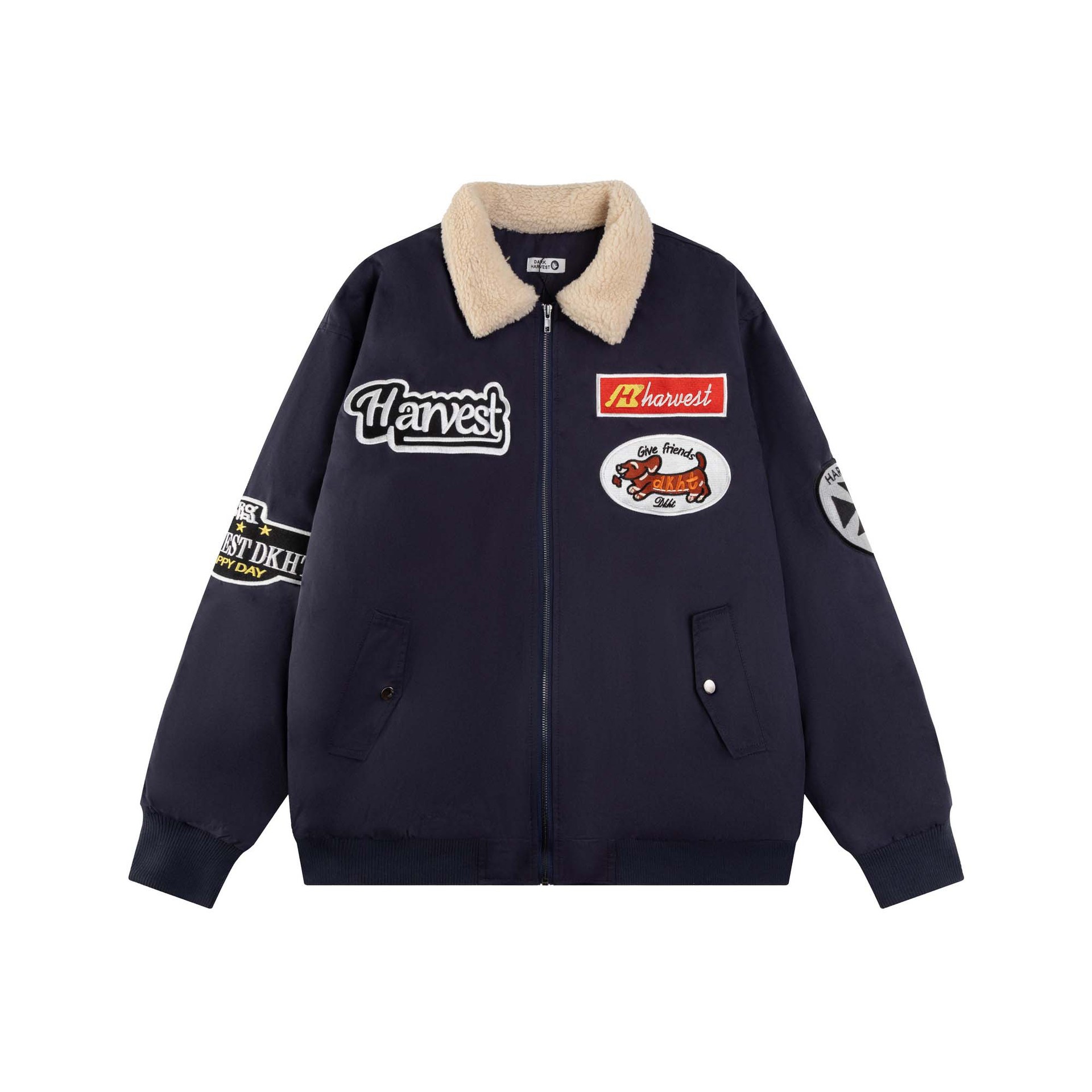 高街美式重工字母刺绣加厚翻领夹克外套男女同款潮牌宽松休闲棉衣