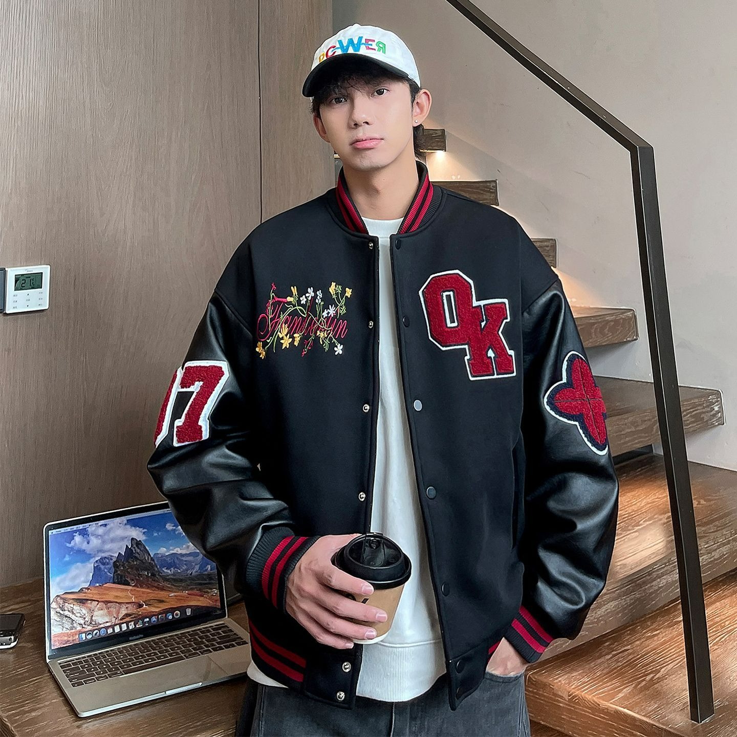 潮牌暗黑系情侣美式棒球服复古撞色重磅外套青年男女刺绣休闲夹克