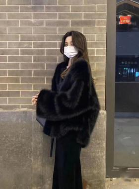 环保皮草外套女黑色仿狐狸毛毛绒高级感超好看毛茸茸2025秋冬新款
