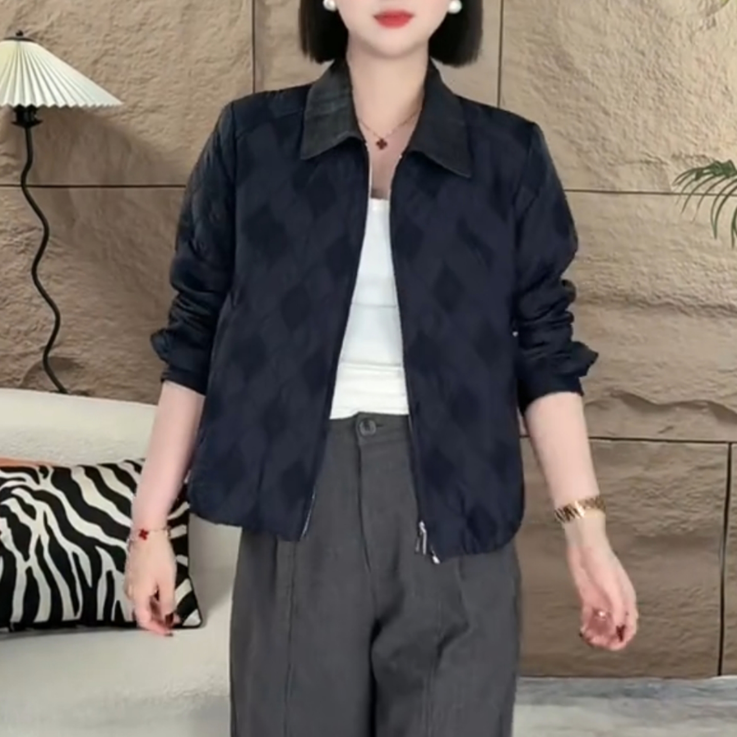 藏青色翻领长袖棉服女2025秋冬