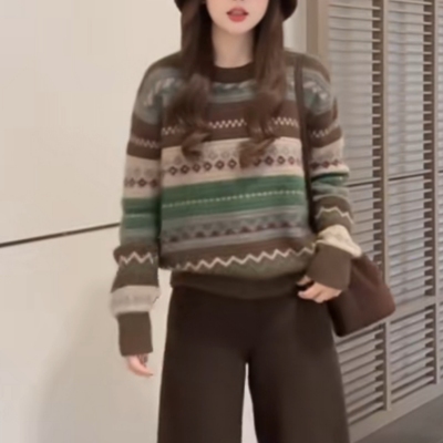 复古费尔岛拼色针织毛衣女秋冬