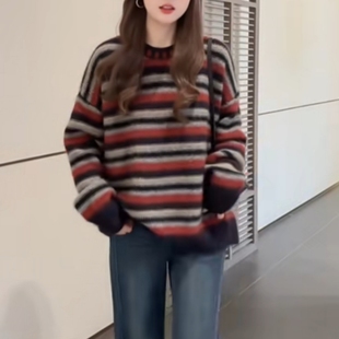 通勤圆领毛衣上衣 女宽松长袖 2025韩版 慵懒风撞色条纹圆领针织衫