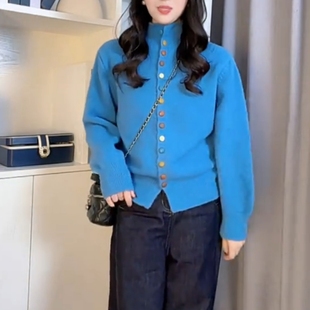 彩色纽扣开衫 女长袖 高级感多巴胺风毛衣 通勤风蓝色立领针织衫 韩版
