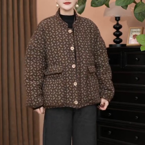 加绒加厚碎花宽松女棉服保暖减龄