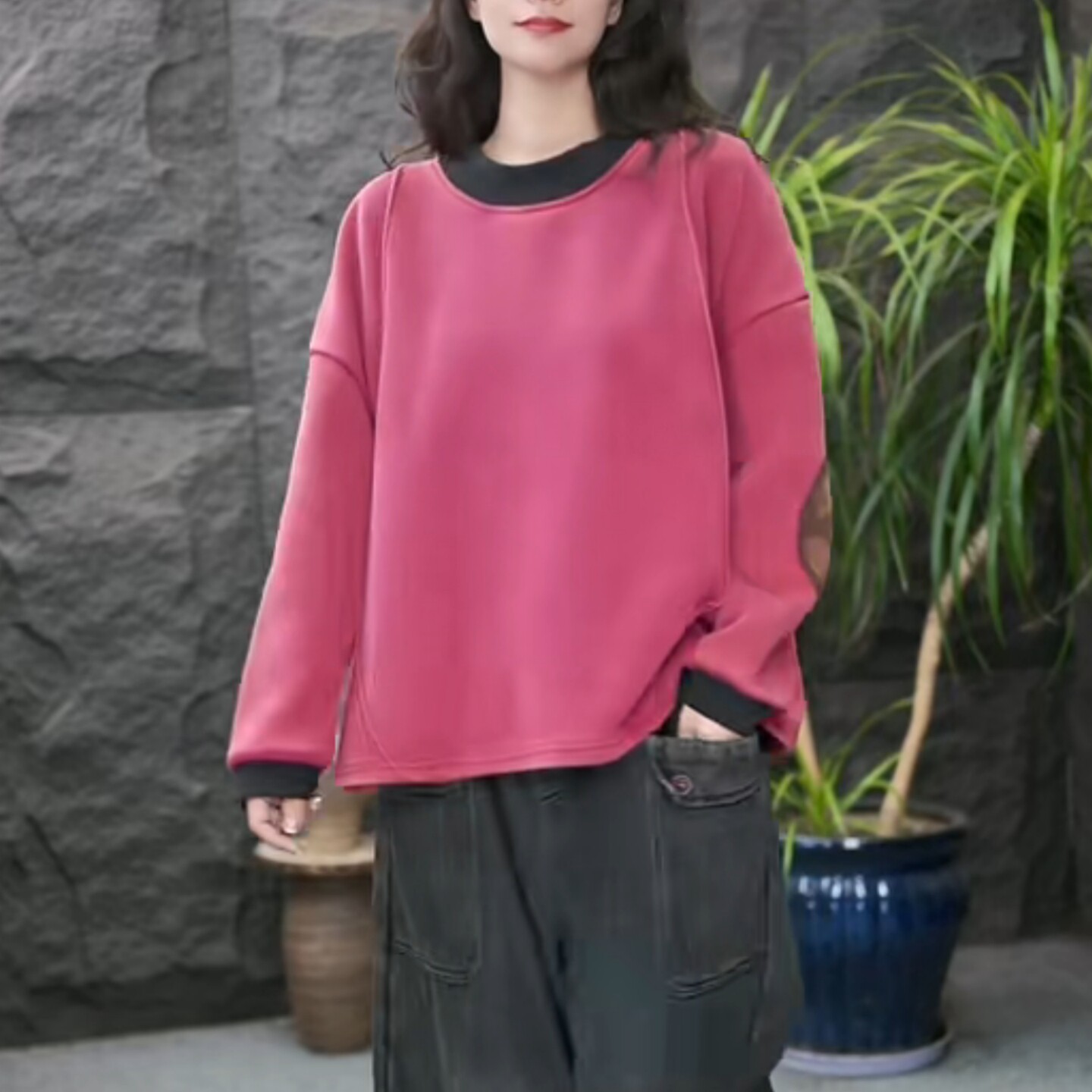 撞色拼接圆领长袖加绒卫衣女2025秋冬大码胖MM中长款宽松藏肉上衣