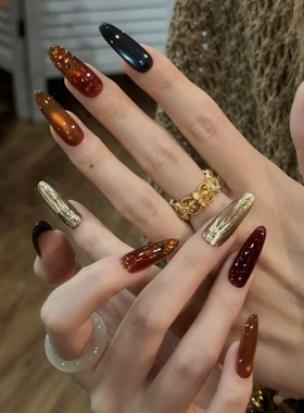 【黑糖玫瑰】新款纯手工穿戴甲琥珀色魔镜粉猫眼穿戴式美甲片10片