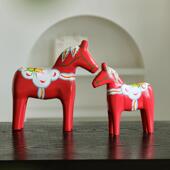 手绘红马摆件瑞典达拉木马红色木质对马家居客厅装 饰小摆设工艺品