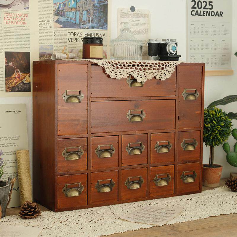 复古木质抽屉茶叶收纳盒桌面首饰盒饰品整理盒多层长方形小柜子