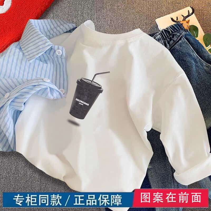 螺纹领~春秋装男童女童落肩宽松打底衫儿童白色纯棉长袖T恤童装潮