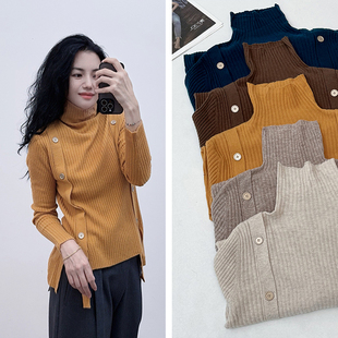 高领系列~品牌尾货100美丽诺羊毛个性不规则宽松套头长袖打底衫女