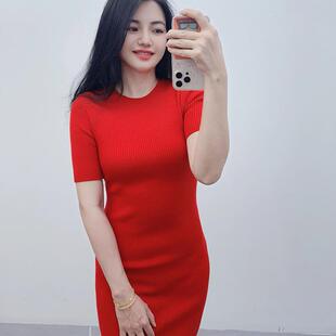 品牌尾货95%羊毛弹力气质修身 纯元 罗纹针织羊毛裙女 高货 气场