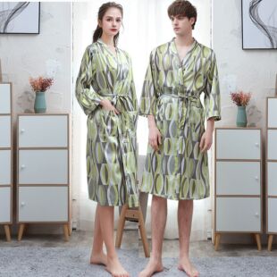 仿冰丝复古奢华洋气漂亮晨袍浴袍男空调服 情侣系带睡袍女夏天薄款