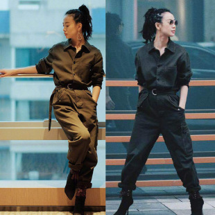 军绿运动宽松显瘦高腰连衣裤 女帅气连体裤 一体服 套装 春2022年工装