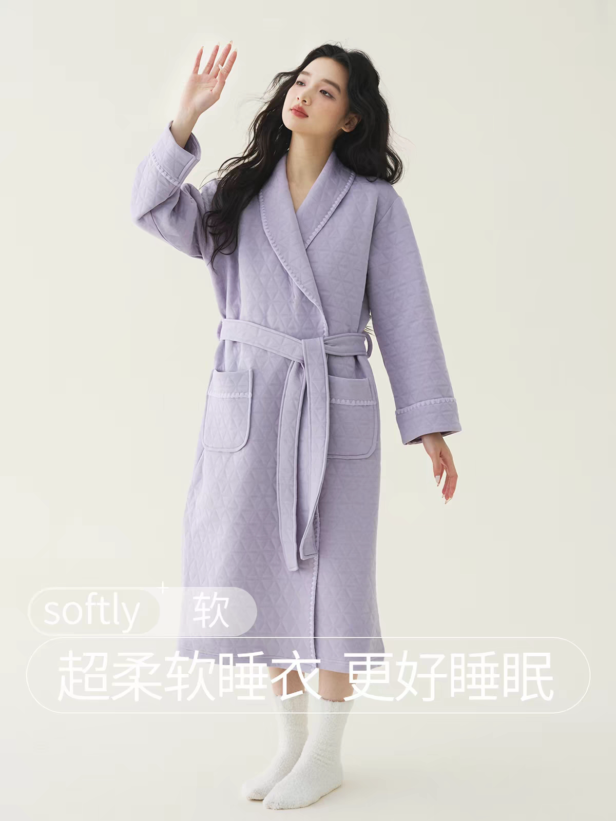 睡袍女秋冬空气棉情侣夹棉加厚夹层厚浴袍中长款纯棉睡衣晨袍刺绣