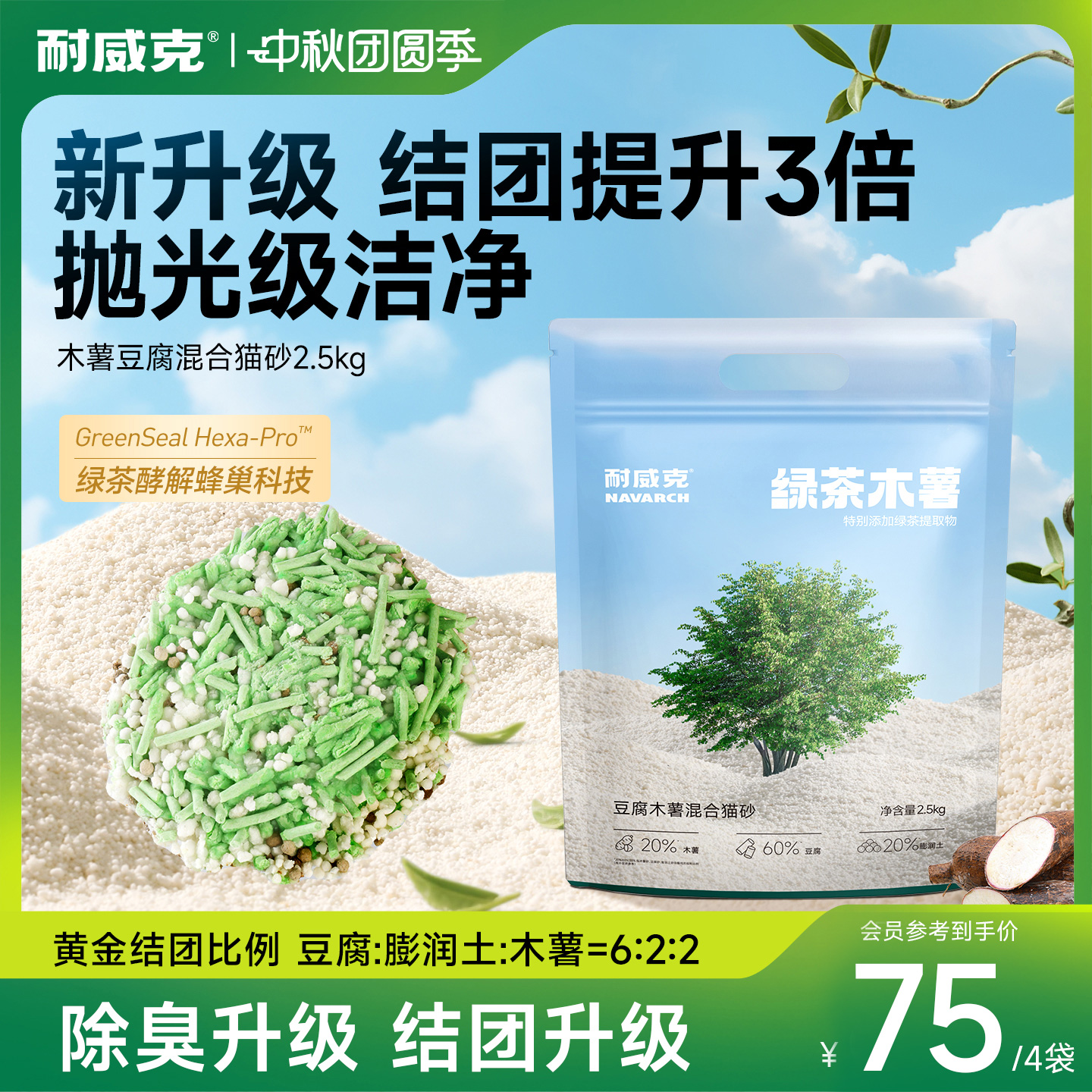 【新品首发】耐威克猫砂绿茶木薯豆腐混合除臭无尘猫沙包邮20公斤
