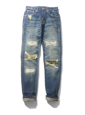 国潮西海岸原宿潮男蓝色洗水重度做旧破洞重磅赤耳丹宁牛仔裤酱潮