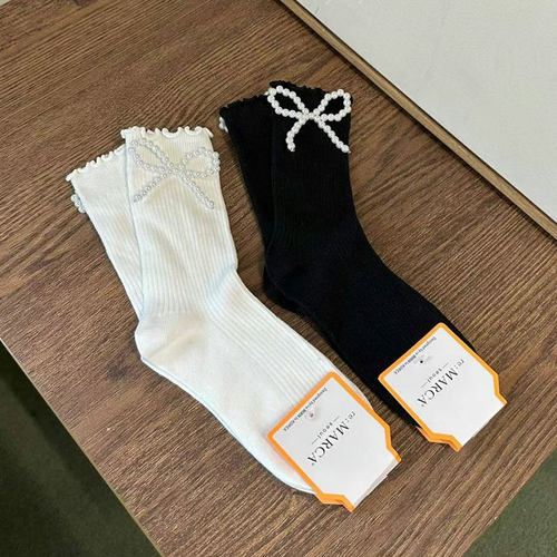 韩国东大门MARCA袜子女中长筒袜珍珠蝴蝶结饰品袜网红款女袜春秋