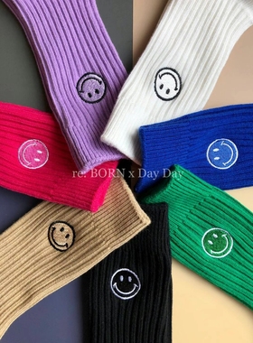 韩国东大门MARCA袜子女中长筒袜刺绣笑脸螺纹棉袜网红款女袜春秋