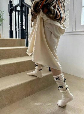 韩国代购MARCA膝下小腿袜女蝴蝶结装饰袜拼接堆堆袜网红潮流个性