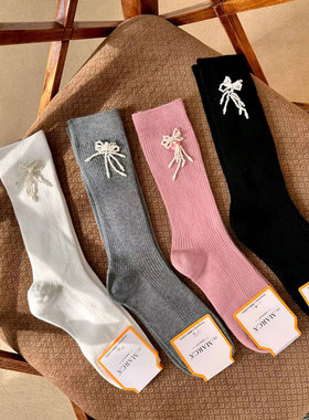 现韩国代购MARCA袜子女中长筒袜蝴蝶结饰品袜螺纹棉袜网红款女袜